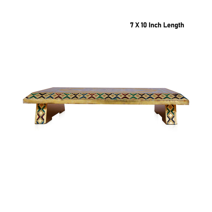 Pooja Chowki With Base - 7 x 10 Inches | Manai Palagai/ Gold Polish Bajot/ Meenakari Design Patla For Deity