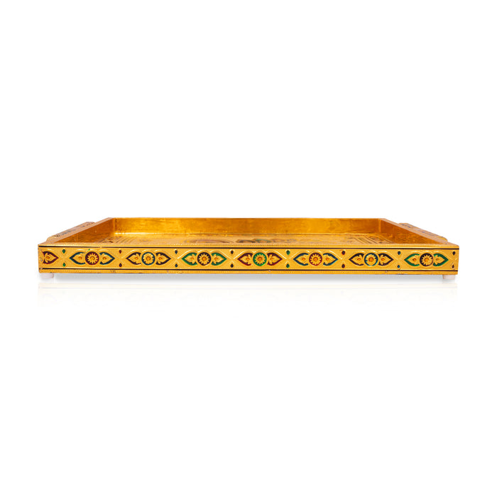 Pooja Tray - 16 x 5 Inches | Chocky Tray / Gold Polish Thali Plate/ Meenakari Design Plate for Home