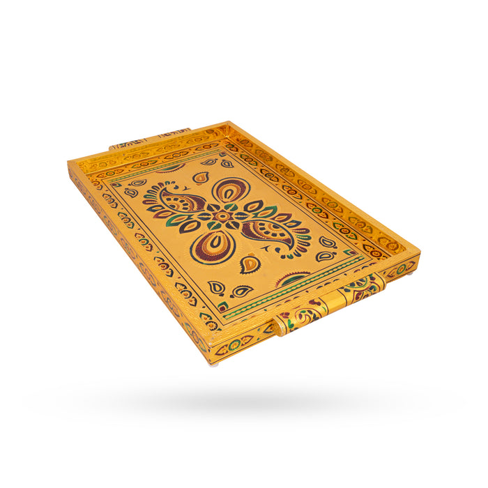Pooja Tray - 16 x 5 Inches | Chocky Tray / Gold Polish Thali Plate/ Meenakari Design Plate for Home