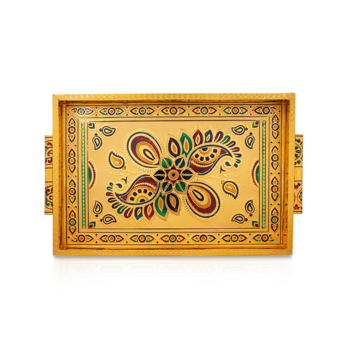 Pooja Tray - 16 x 5 Inches | Chocky Tray / Gold Polish Thali Plate/ Meenakari Design Plate for Home