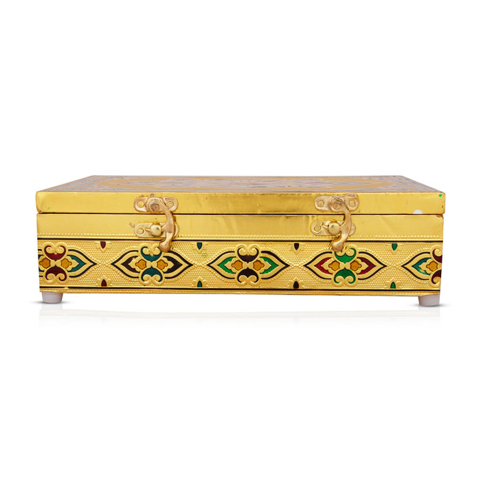Pooja Box - 7 x 10 Inches | Wooden Storage Box/ Gold Meenakari Design Jewellery Box for Home