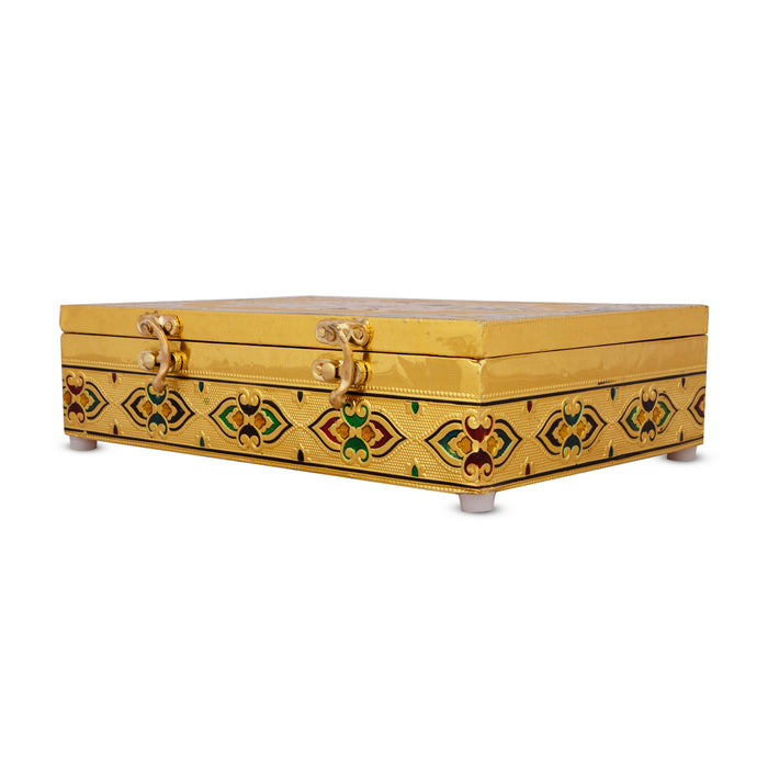 Pooja Box - 7 x 10 Inches | Wooden Storage Box/ Gold Meenakari Design Jewellery Box for Home