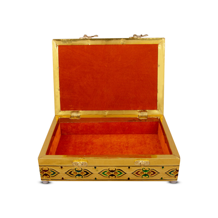Pooja Box - 7 x 10 Inches | Wooden Storage Box/ Gold Meenakari Design Jewellery Box for Home