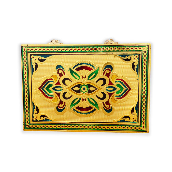 Pooja Box - 7 x 10 Inches | Wooden Storage Box/ Gold Meenakari Design Jewellery Box for Home