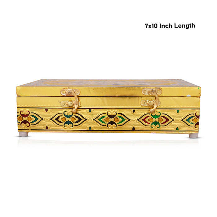 Pooja Box - 7 x 10 Inches | Wooden Storage Box/ Gold Meenakari Design Jewellery Box for Home