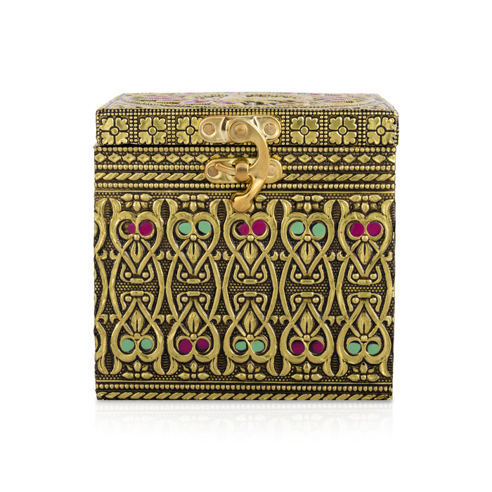 Pet Jar - 4 x 4 Inches | Golden Meenakari Peacock Design Storage Box/ Dry Fruit Box/ Gift Box for Festive Occasions