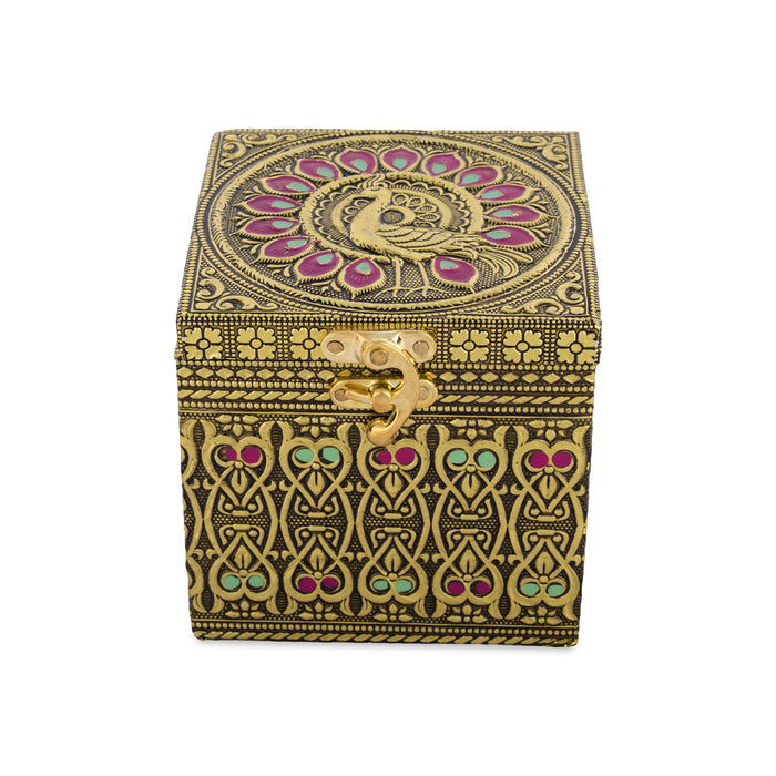 Pet Jar - 4 x 4 Inches | Golden Meenakari Peacock Design Storage Box/ Dry Fruit Box/ Gift Box for Festive Occasions