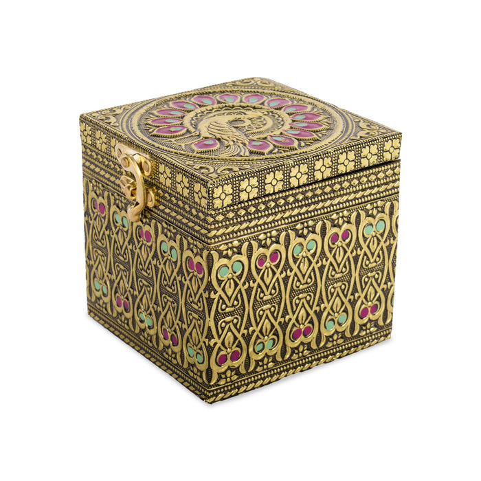 Pet Jar - 4 x 4 Inches | Golden Meenakari Peacock Design Storage Box/ Dry Fruit Box/ Gift Box for Festive Occasions