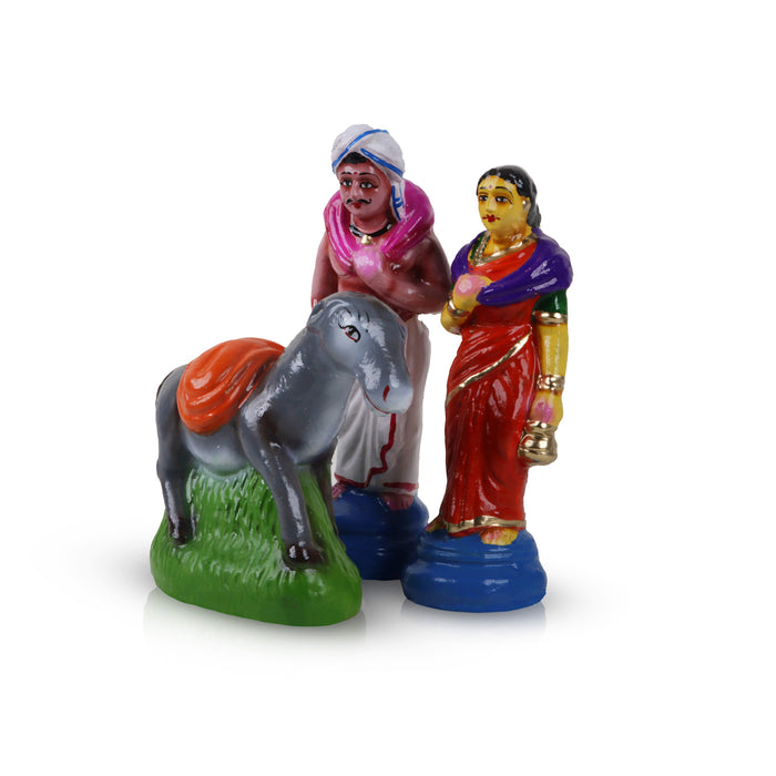 Vannan Vannathi Clay Golu Bommai set - 7 x 2.5 Inches | 3 Pcs/ Giri Golu Doll/ Navaratri Golu Bomma/ Gombe/ Bommai