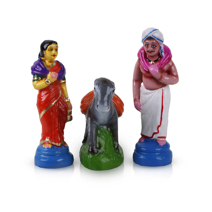 Vannan Vannathi Clay Golu Bommai set - 7 x 2.5 Inches | 3 Pcs/ Giri Golu Doll/ Navaratri Golu Bomma/ Gombe/ Bommai