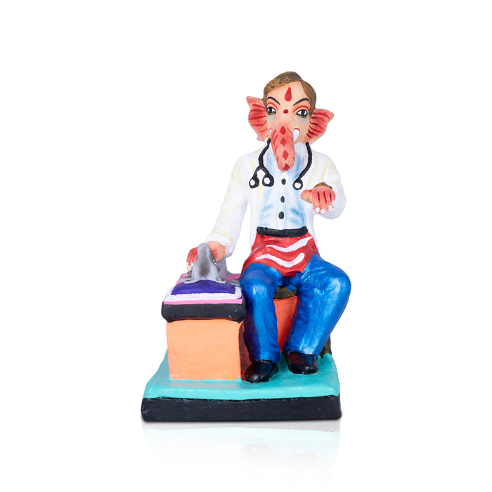 Doctor Ganapati Treating Mooshika Clay Golu Bommai - 9 x 5 Inches | Giri Golu Doll/ Navaratri Golu Bomma/Gombe