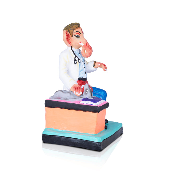 Doctor Ganapati Treating Mooshika Clay Golu Bommai - 9 x 5 Inches | Giri Golu Doll/ Navaratri Golu Bomma/Gombe