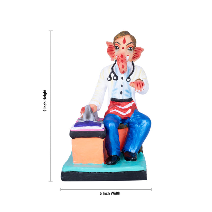 Doctor Ganapati Treating Mooshika Clay Golu Bommai - 9 x 5 Inches | Giri Golu Doll/ Navaratri Golu Bomma/Gombe