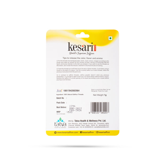 Kesari Saffron - 1 Gms | Safran/ Keshar/ Kungumapoo for Health, Beauty & Cooking
