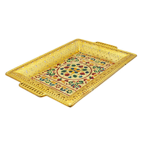 Rectangle Shape Gold Minakari Tray 13 x 9 Inch